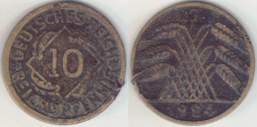 1924 J Germany 10 Reichspfennig A004714